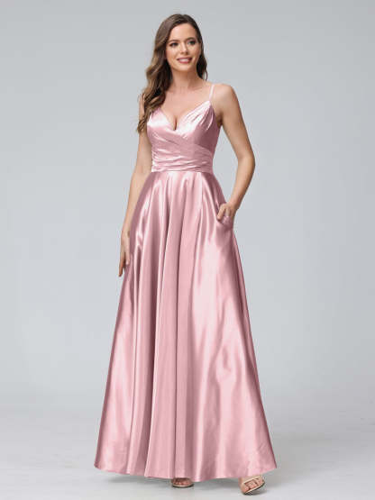 V-Neck Sleeveless A-Line Silk Satin Bridesmaid Dress with Pockets and Side Split