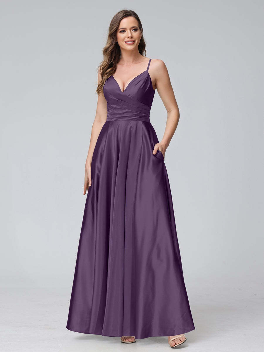 V-Neck Sleeveless A-Line Silk Satin Bridesmaid Dress with Pockets and Side Split