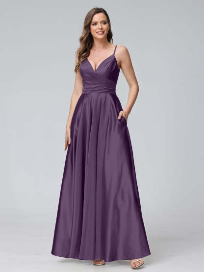 V-Neck Sleeveless A-Line Silk Satin Bridesmaid Dress with Pockets and Side Split