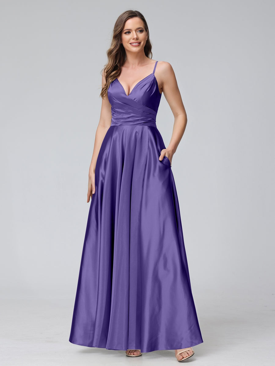 V-Neck Sleeveless A-Line Silk Satin Bridesmaid Dress with Pockets and Side Split