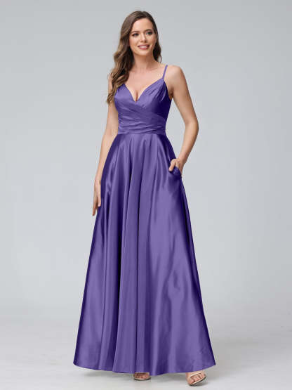 V-Neck Sleeveless A-Line Silk Satin Bridesmaid Dress with Pockets and Side Split