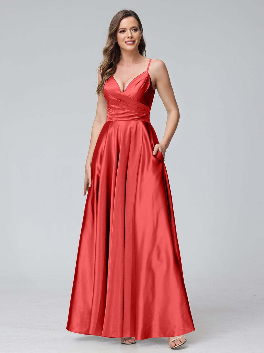 V-Neck Sleeveless A-Line Silk Satin Bridesmaid Dress with Pockets and Side Split