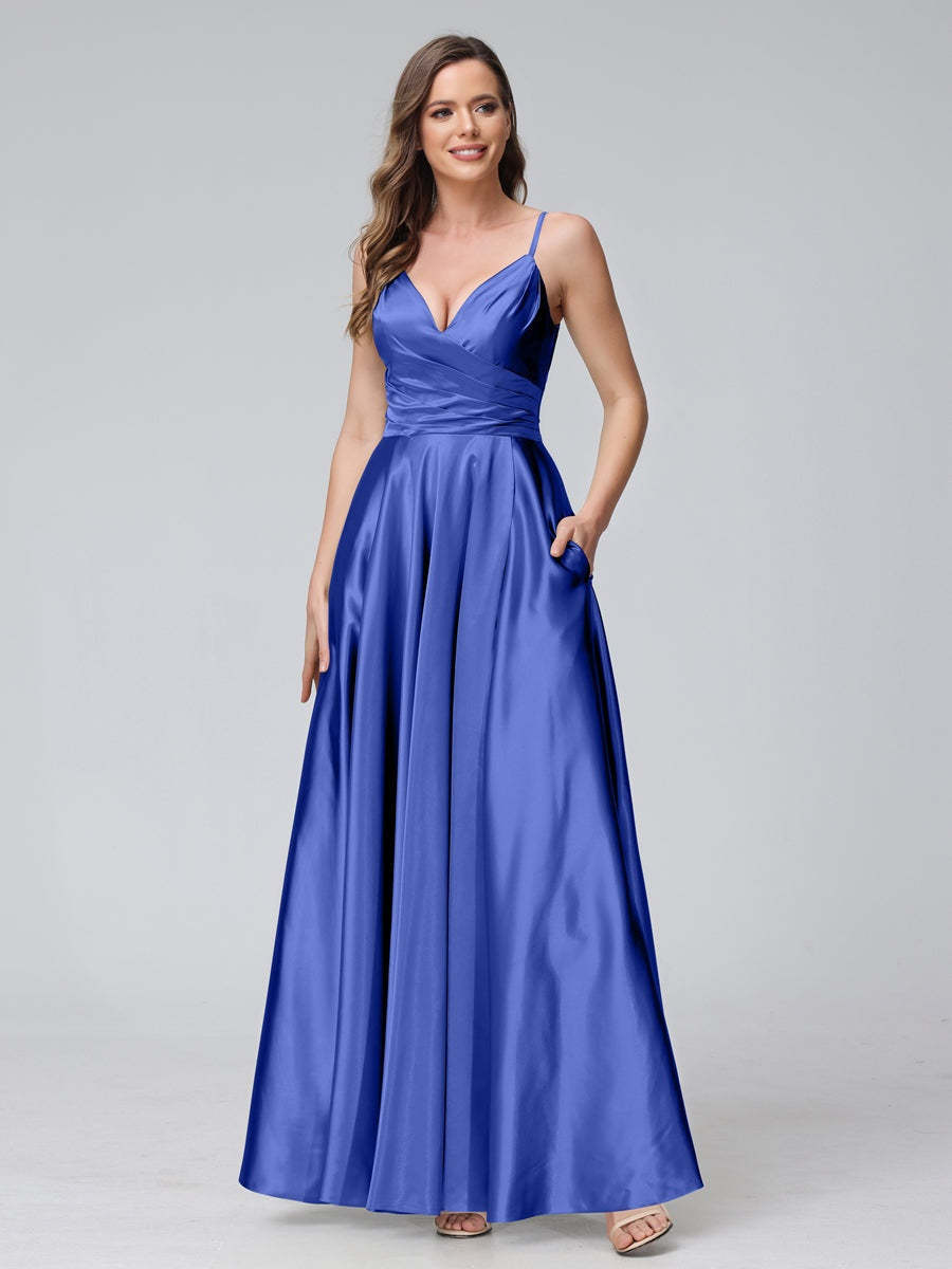 V-Neck Sleeveless A-Line Silk Satin Bridesmaid Dress with Pockets and Side Split
