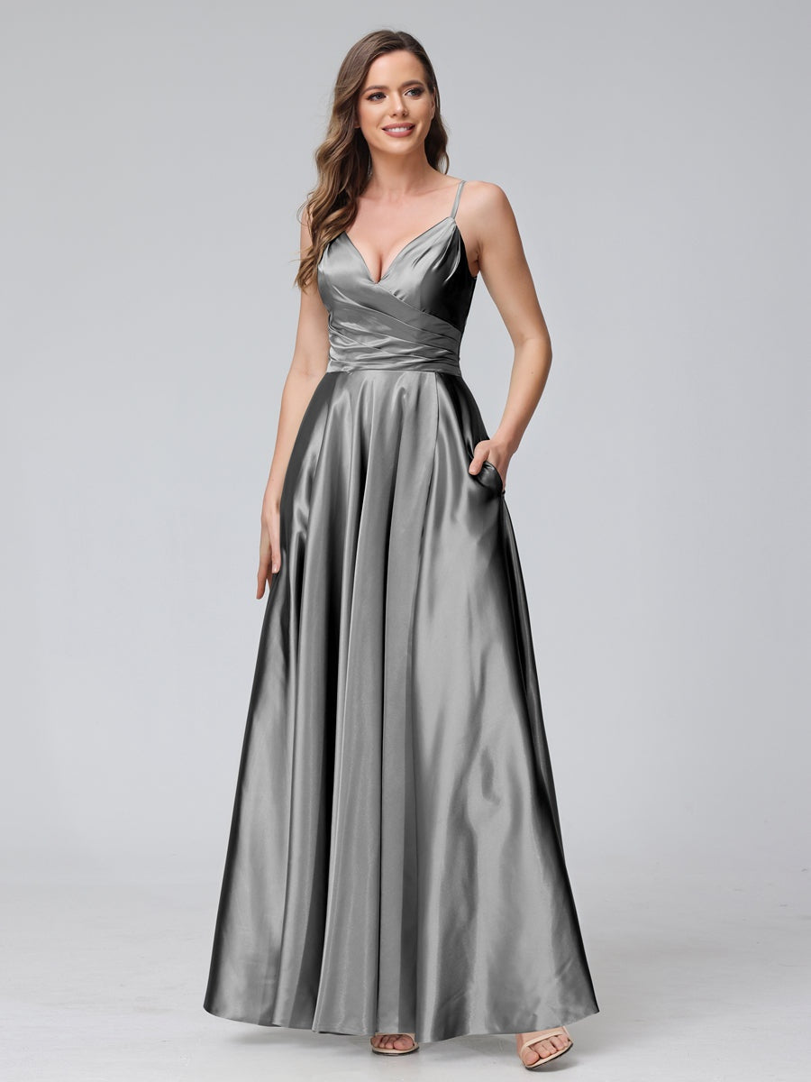 V-Neck Sleeveless A-Line Silk Satin Bridesmaid Dress with Pockets and Side Split