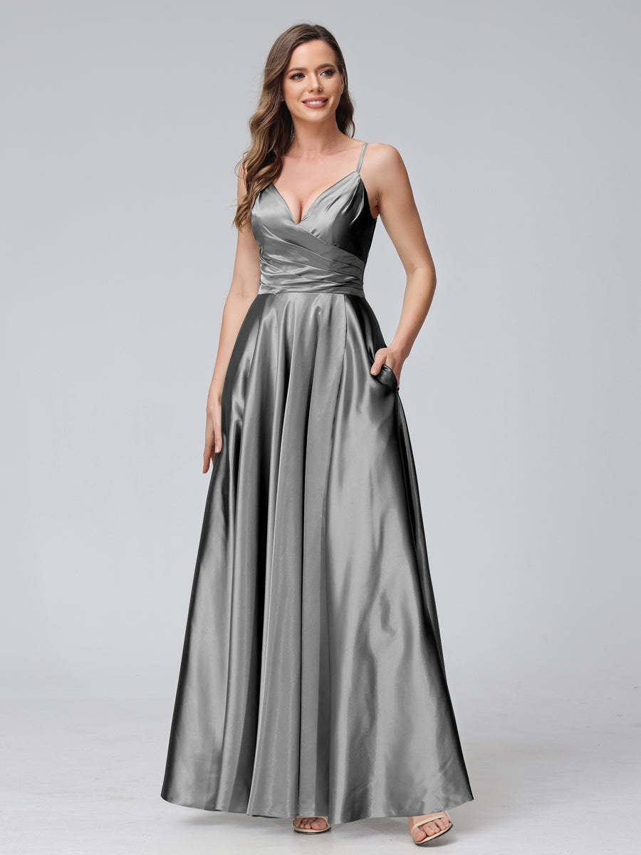 V-Neck Sleeveless A-Line Silk Satin Bridesmaid Dress with Pockets and Side Split
