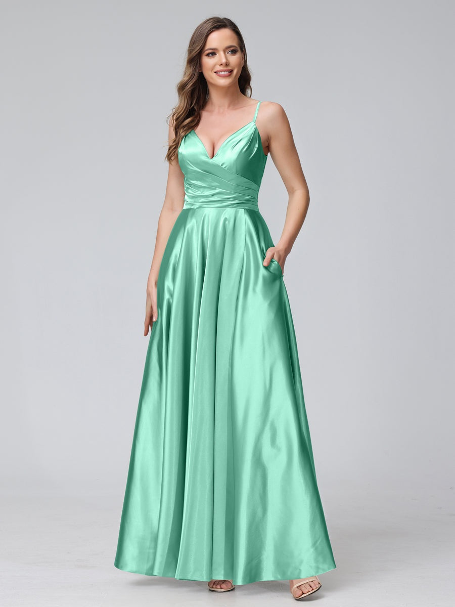 V-Neck Sleeveless A-Line Silk Satin Bridesmaid Dress with Pockets and Side Split