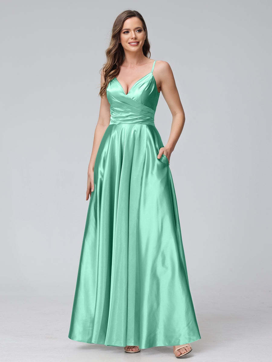 V-Neck Sleeveless A-Line Silk Satin Bridesmaid Dress with Pockets and Side Split