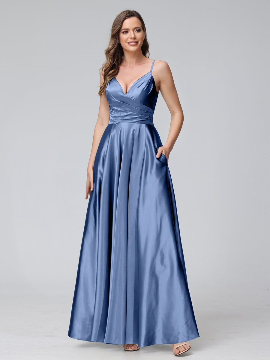 V-Neck Sleeveless A-Line Silk Satin Bridesmaid Dress with Pockets and Side Split