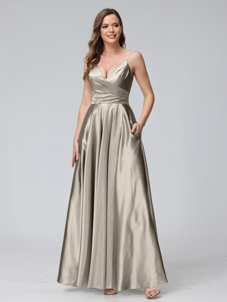 V-Neck Sleeveless A-Line Silk Satin Bridesmaid Dress with Pockets and Side Split