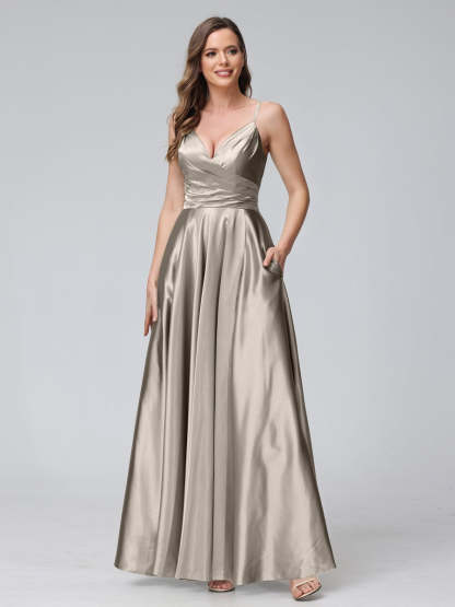 V-Neck Sleeveless A-Line Silk Satin Bridesmaid Dress with Pockets and Side Split