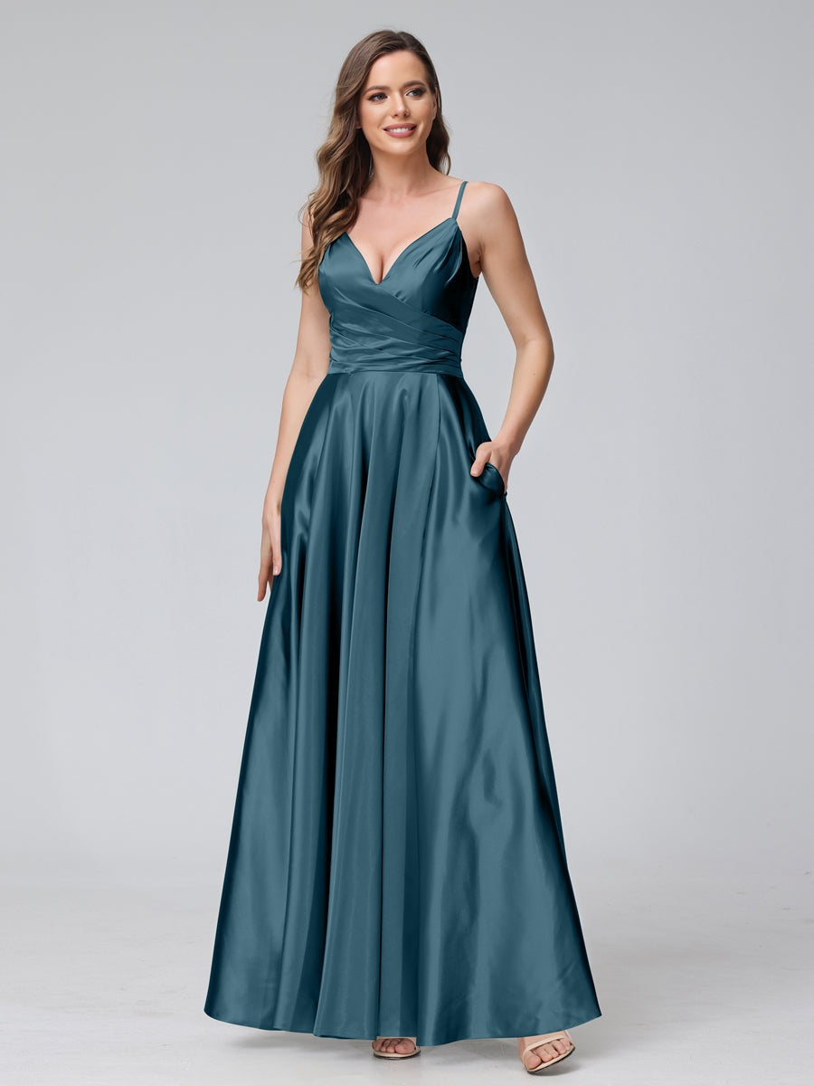V-Neck Sleeveless A-Line Silk Satin Bridesmaid Dress with Pockets and Side Split