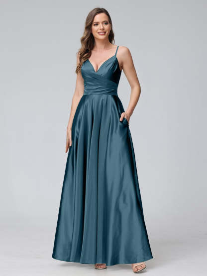 V-Neck Sleeveless A-Line Silk Satin Bridesmaid Dress with Pockets and Side Split