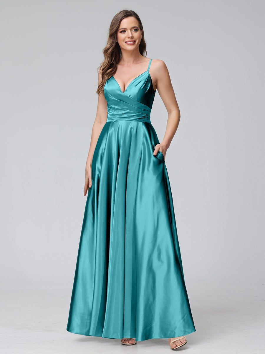 V-Neck Sleeveless A-Line Silk Satin Bridesmaid Dress with Pockets and Side Split