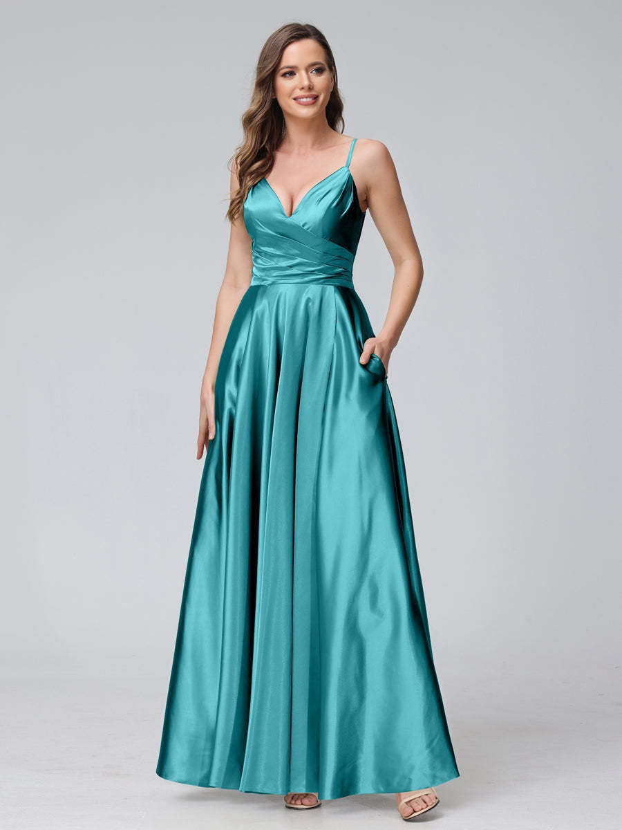 V-Neck Sleeveless A-Line Silk Satin Bridesmaid Dress with Pockets and Side Split