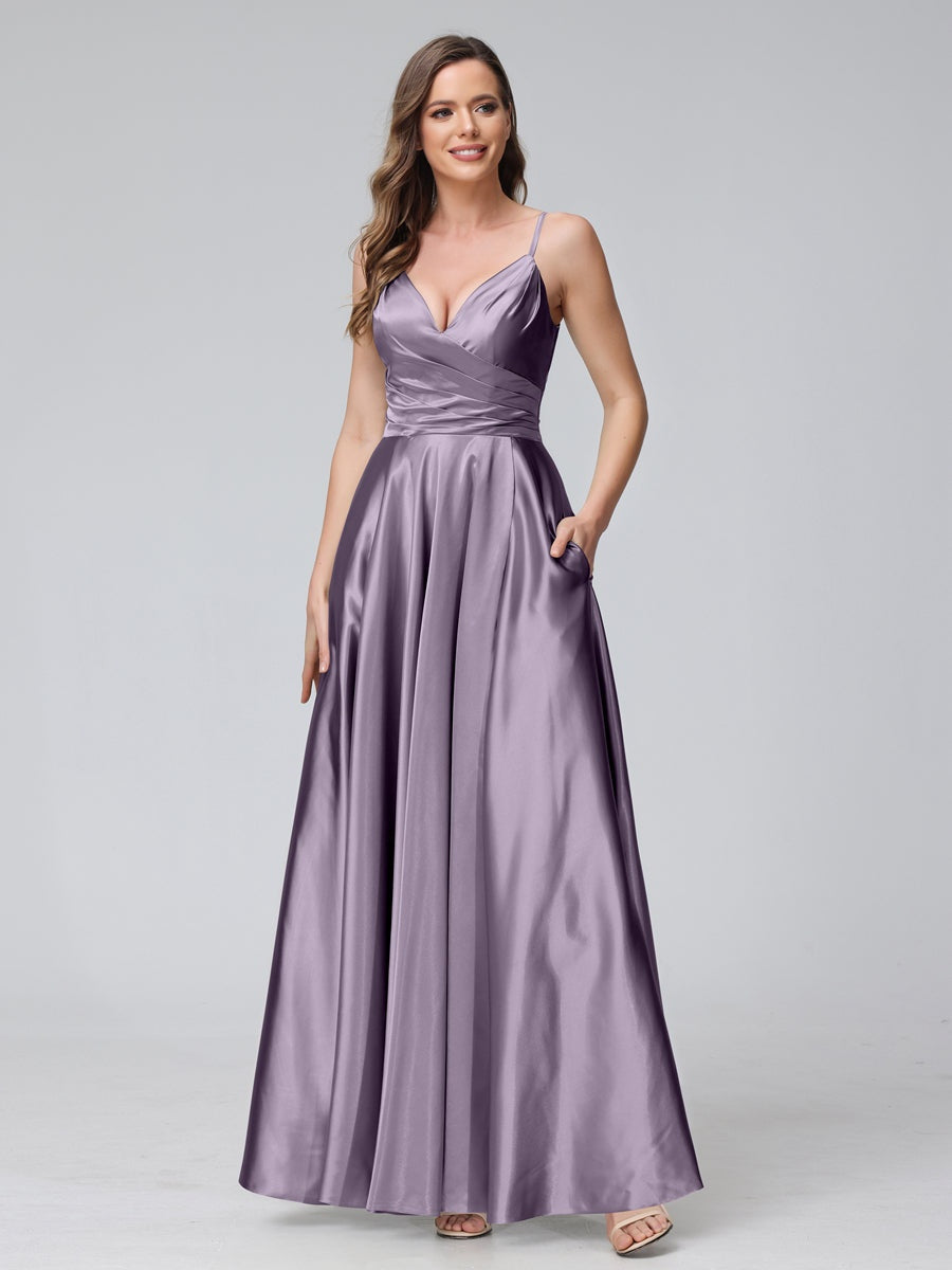 V-Neck Sleeveless A-Line Silk Satin Bridesmaid Dress with Pockets and Side Split