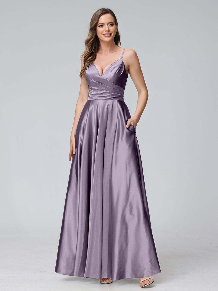 V-Neck Sleeveless A-Line Silk Satin Bridesmaid Dress with Pockets and Side Split