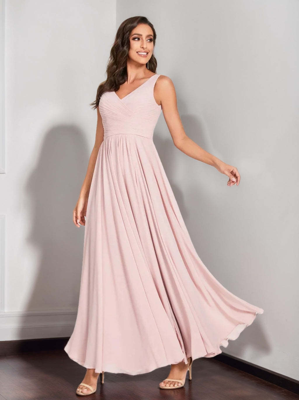 Floor-Length Sleeveless V-Neck Chiffon Bridesmaid Dress with A-Line Princess Silhouette and Pleats