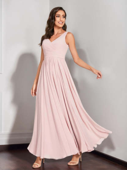 Floor-Length Sleeveless V-Neck Chiffon Bridesmaid Dress with A-Line Princess Silhouette and Pleats