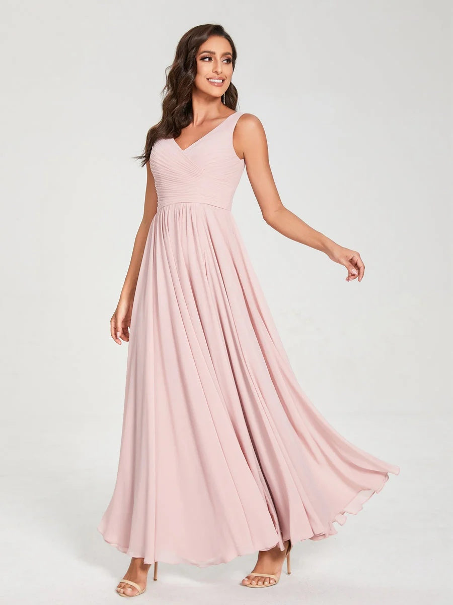 Floor-Length Sleeveless V-Neck Chiffon Bridesmaid Dress with A-Line Princess Silhouette and Pleats