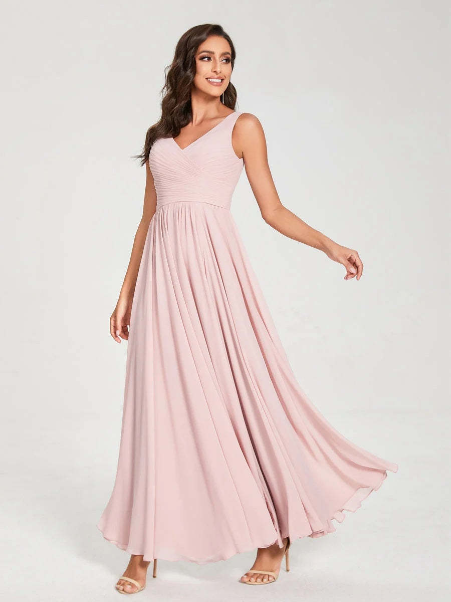 Floor-Length Sleeveless V-Neck Chiffon Bridesmaid Dress with A-Line Princess Silhouette and Pleats