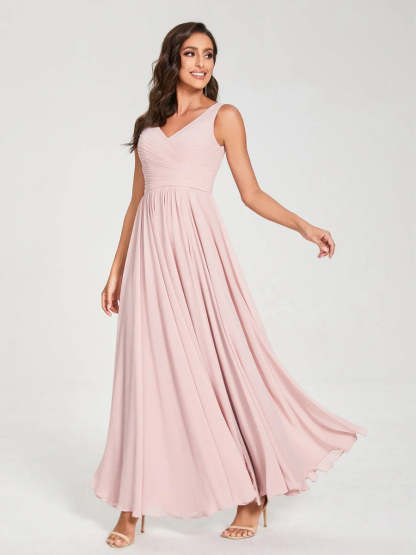 Floor-Length Sleeveless V-Neck Chiffon Bridesmaid Dress with A-Line Princess Silhouette and Pleats