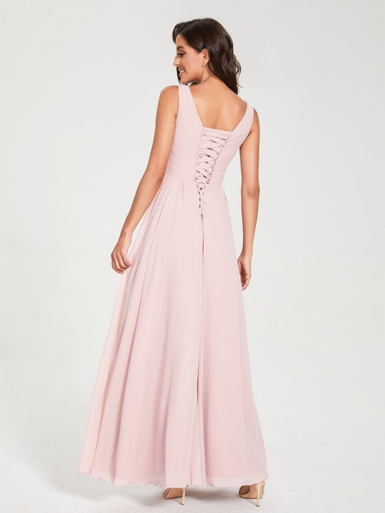 Floor-Length Sleeveless V-Neck Chiffon Bridesmaid Dress with A-Line Princess Silhouette and Pleats