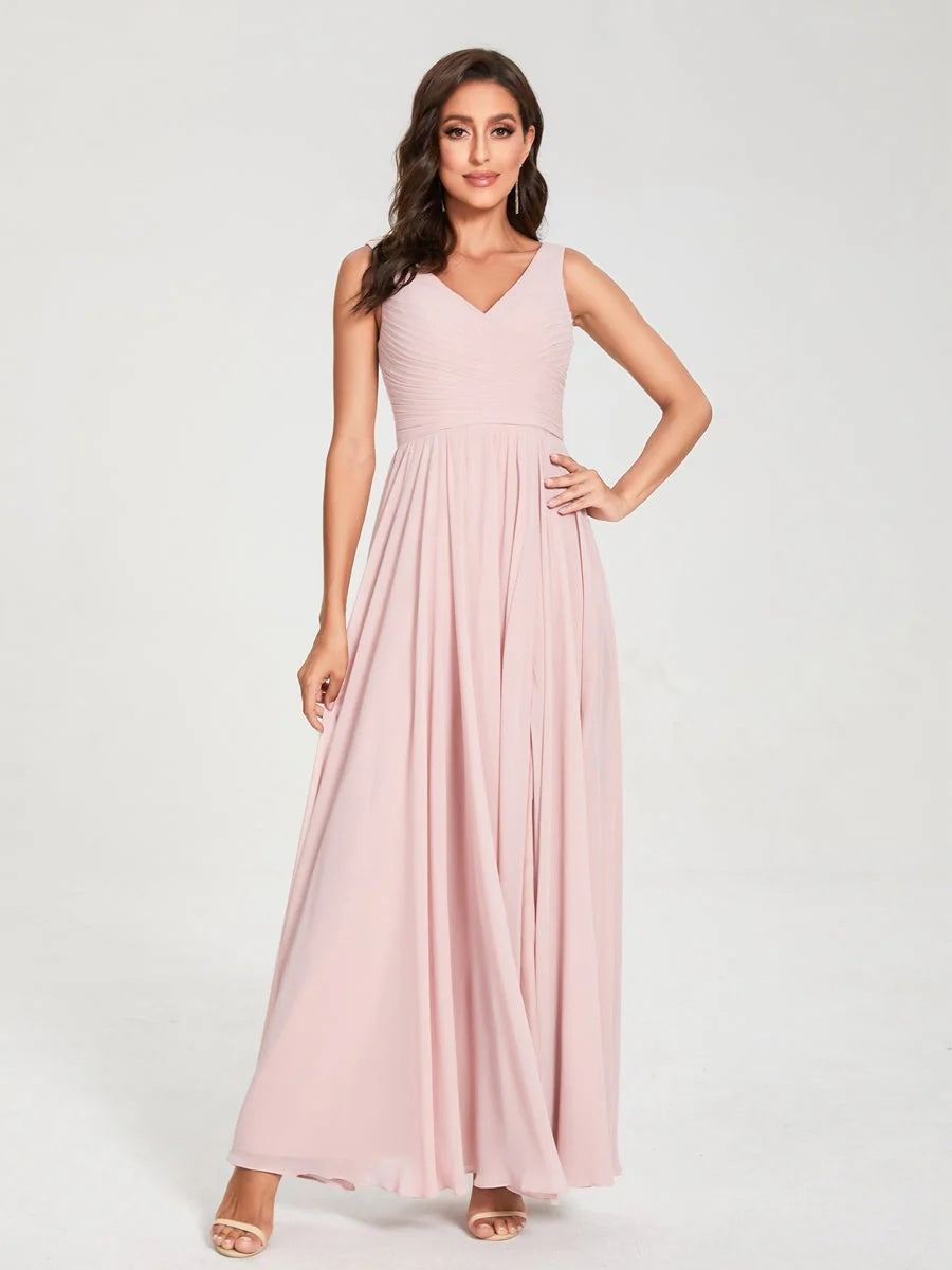 Floor-Length Sleeveless V-Neck Chiffon Bridesmaid Dress with A-Line Princess Silhouette and Pleats