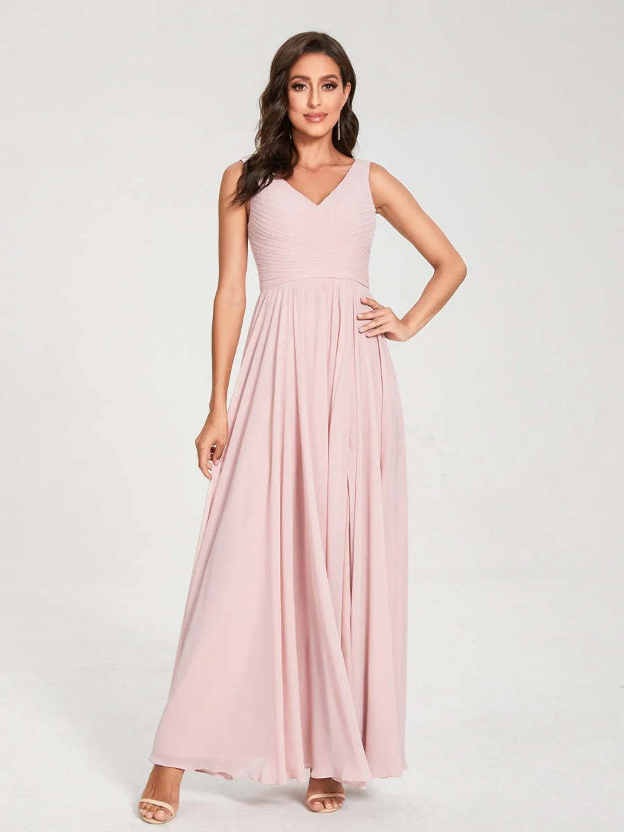 Floor-Length Sleeveless V-Neck Chiffon Bridesmaid Dress with A-Line Princess Silhouette and Pleats