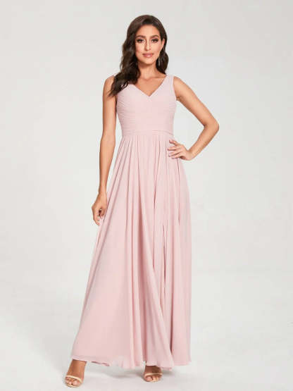 Floor-Length Sleeveless V-Neck Chiffon Bridesmaid Dress with A-Line Princess Silhouette and Pleats
