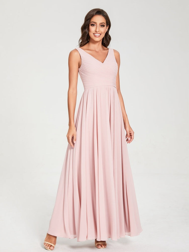 Floor-Length Sleeveless V-Neck Chiffon Bridesmaid Dress with A-Line Princess Silhouette and Pleats