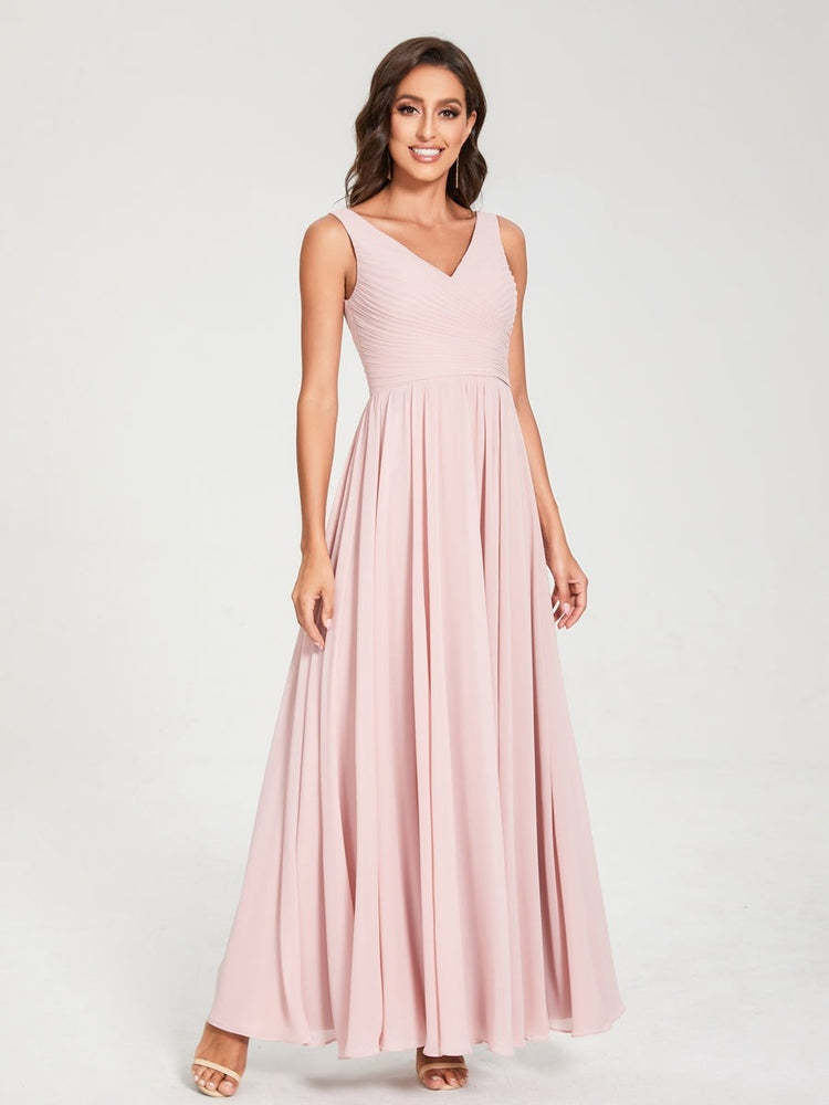 Floor-Length Sleeveless V-Neck Chiffon Bridesmaid Dress with A-Line Princess Silhouette and Pleats