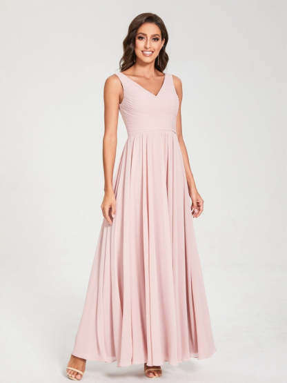 Floor-Length Sleeveless V-Neck Chiffon Bridesmaid Dress with A-Line Princess Silhouette and Pleats