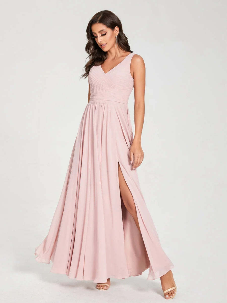 Floor-Length Sleeveless V-Neck Chiffon Bridesmaid Dress with A-Line Princess Silhouette and Pleats