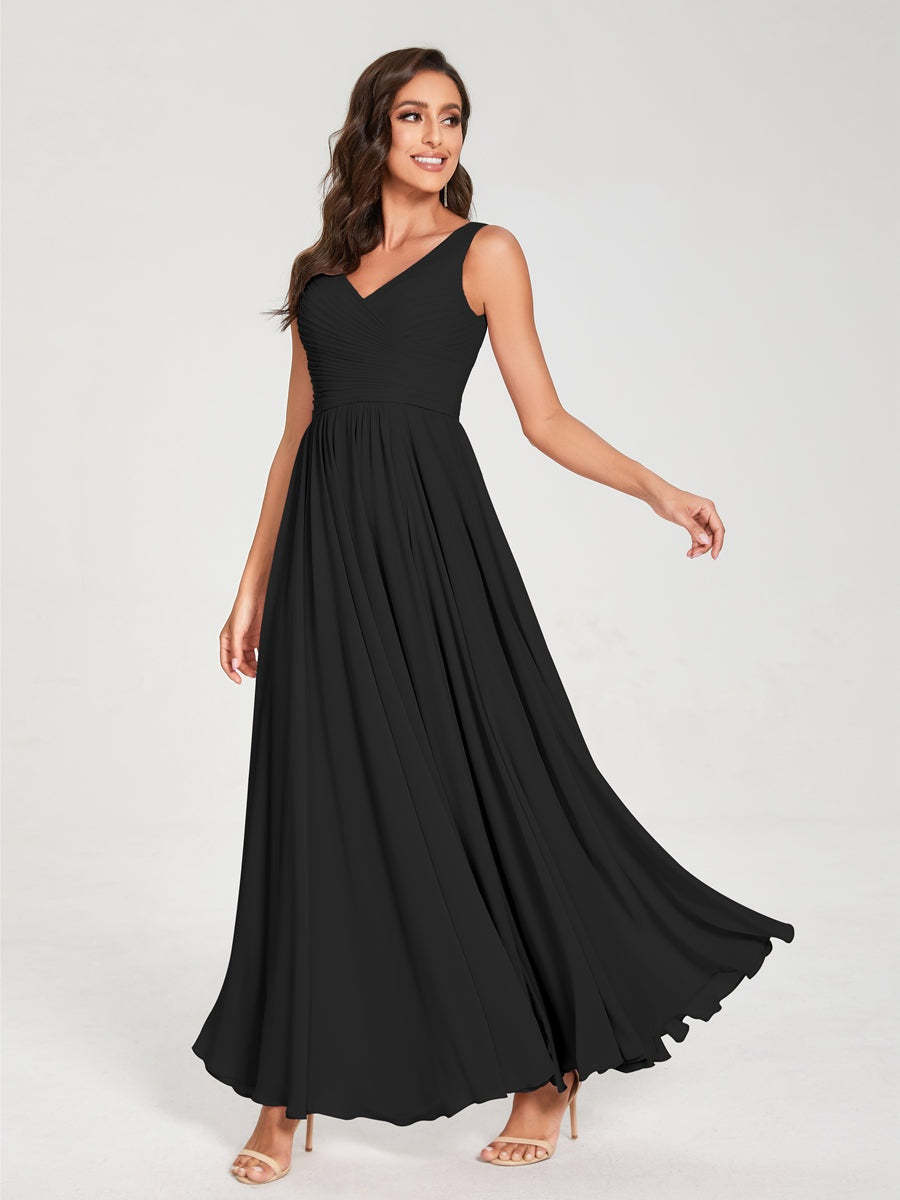 Floor-Length Sleeveless V-Neck Chiffon Bridesmaid Dress with A-Line Princess Silhouette and Pleats