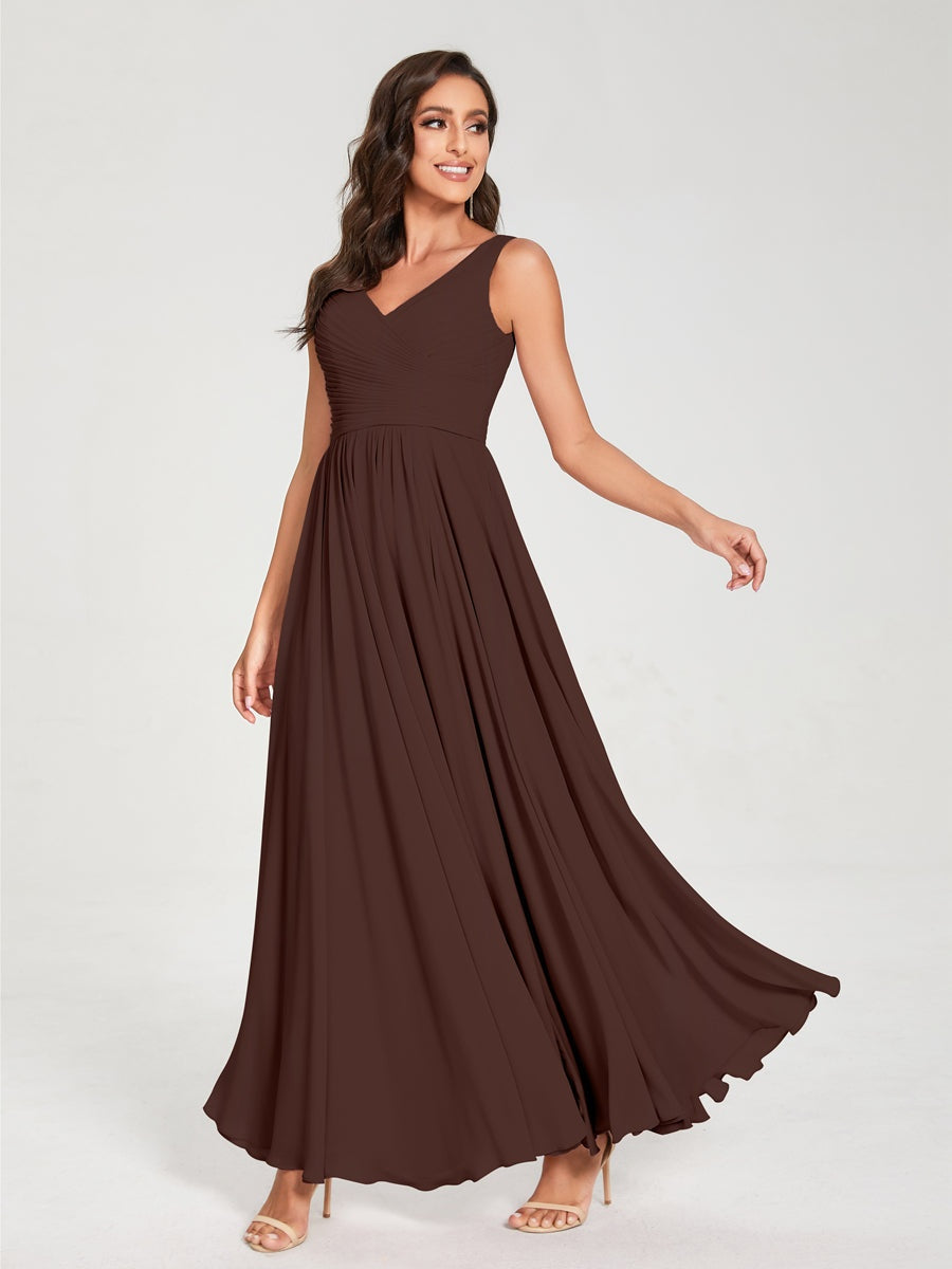 Floor-Length Sleeveless V-Neck Chiffon Bridesmaid Dress with A-Line Princess Silhouette and Pleats
