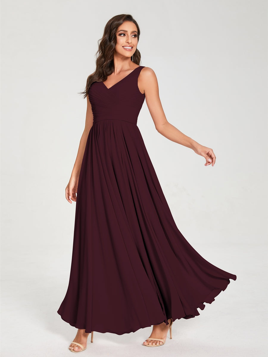 Floor-Length Sleeveless V-Neck Chiffon Bridesmaid Dress with A-Line Princess Silhouette and Pleats