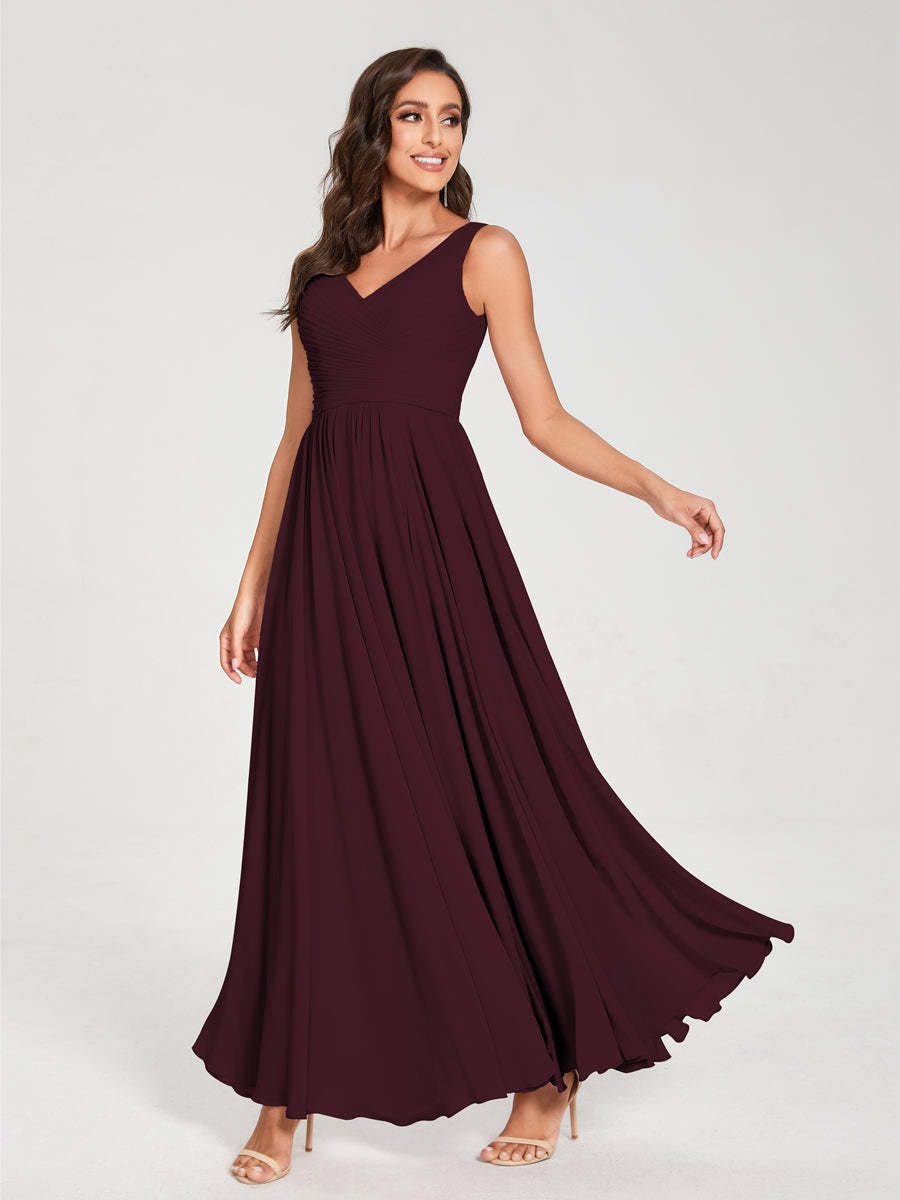 Floor-Length Sleeveless V-Neck Chiffon Bridesmaid Dress with A-Line Princess Silhouette and Pleats