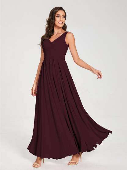 Floor-Length Sleeveless V-Neck Chiffon Bridesmaid Dress with A-Line Princess Silhouette and Pleats