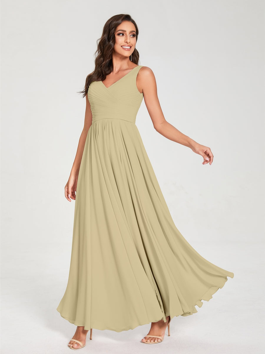 Floor-Length Sleeveless V-Neck Chiffon Bridesmaid Dress with A-Line Princess Silhouette and Pleats
