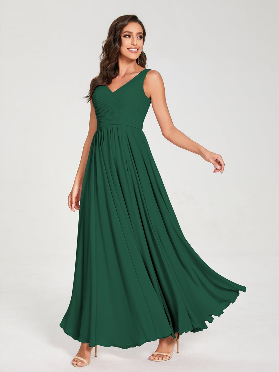 Floor-Length Sleeveless V-Neck Chiffon Bridesmaid Dress with A-Line Princess Silhouette and Pleats