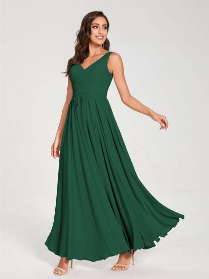 Floor-Length Sleeveless V-Neck Chiffon Bridesmaid Dress with A-Line Princess Silhouette and Pleats