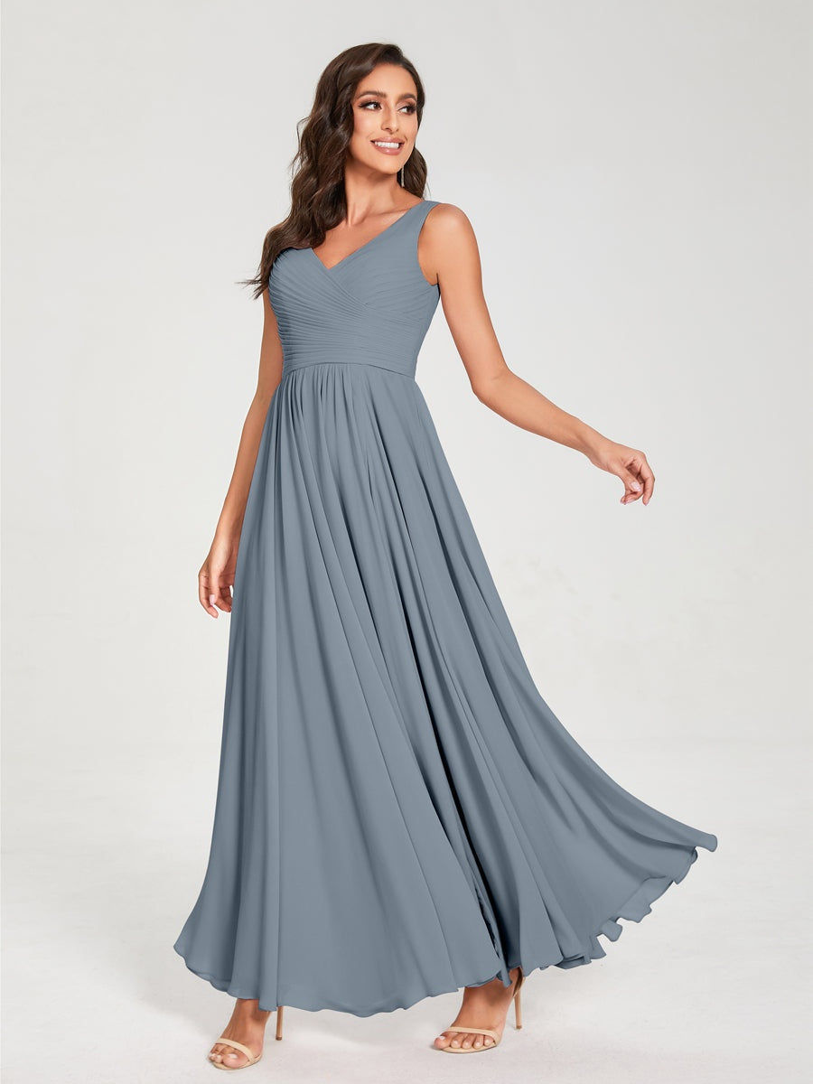 Floor-Length Sleeveless V-Neck Chiffon Bridesmaid Dress with A-Line Princess Silhouette and Pleats