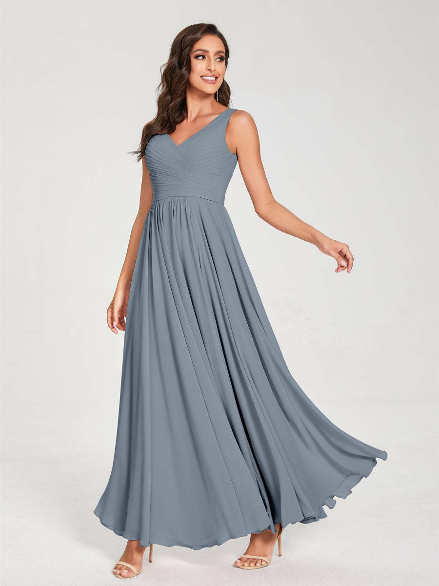 Floor-Length Sleeveless V-Neck Chiffon Bridesmaid Dress with A-Line Princess Silhouette and Pleats