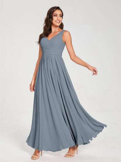 Floor-Length Sleeveless V-Neck Chiffon Bridesmaid Dress with A-Line Princess Silhouette and Pleats
