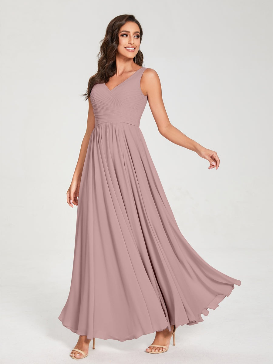 Floor-Length Sleeveless V-Neck Chiffon Bridesmaid Dress with A-Line Princess Silhouette and Pleats