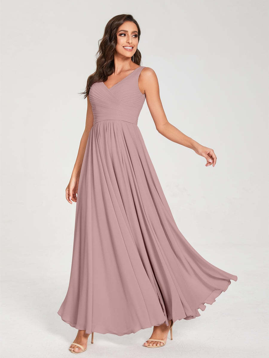 Floor-Length Sleeveless V-Neck Chiffon Bridesmaid Dress with A-Line Princess Silhouette and Pleats