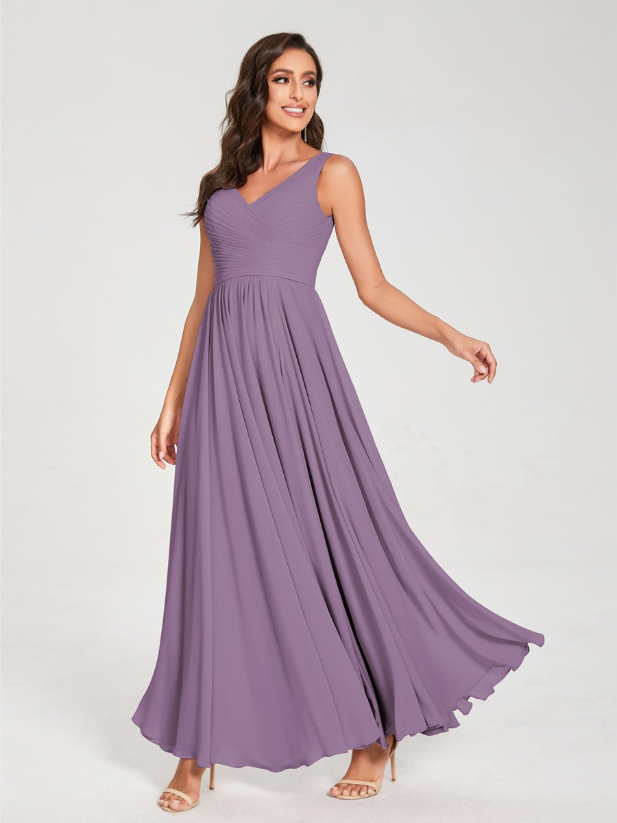Floor-Length Sleeveless V-Neck Chiffon Bridesmaid Dress with A-Line Princess Silhouette and Pleats