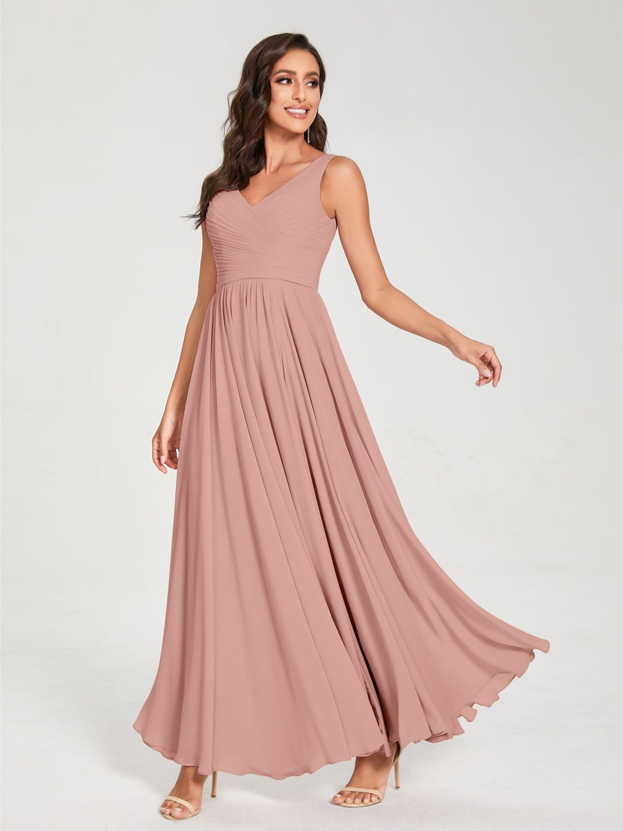 Floor-Length Sleeveless V-Neck Chiffon Bridesmaid Dress with A-Line Princess Silhouette and Pleats