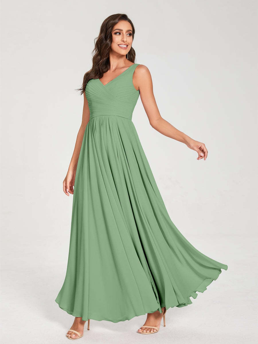 Floor-Length Sleeveless V-Neck Chiffon Bridesmaid Dress with A-Line Princess Silhouette and Pleats