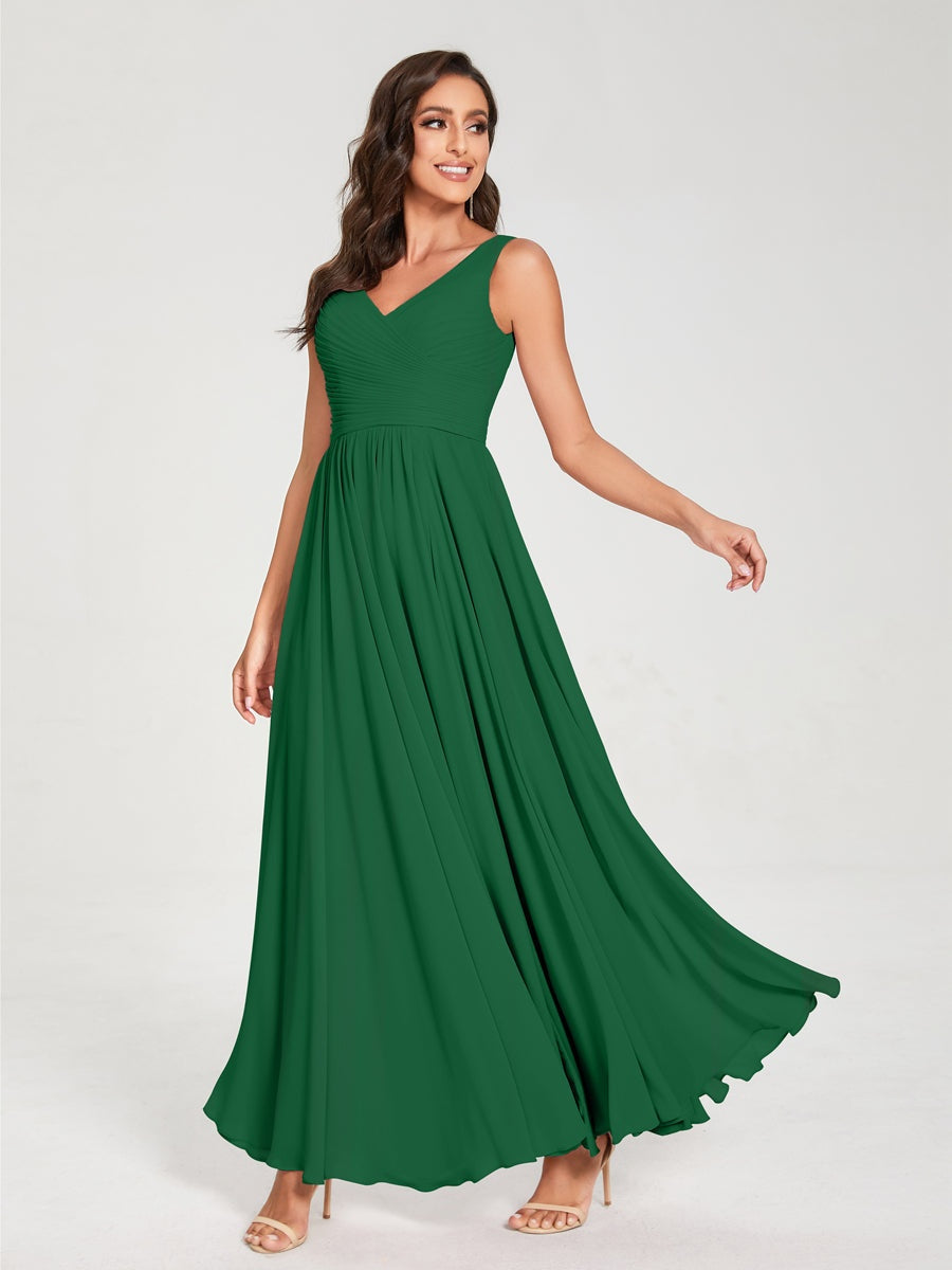 Floor-Length Sleeveless V-Neck Chiffon Bridesmaid Dress with A-Line Princess Silhouette and Pleats